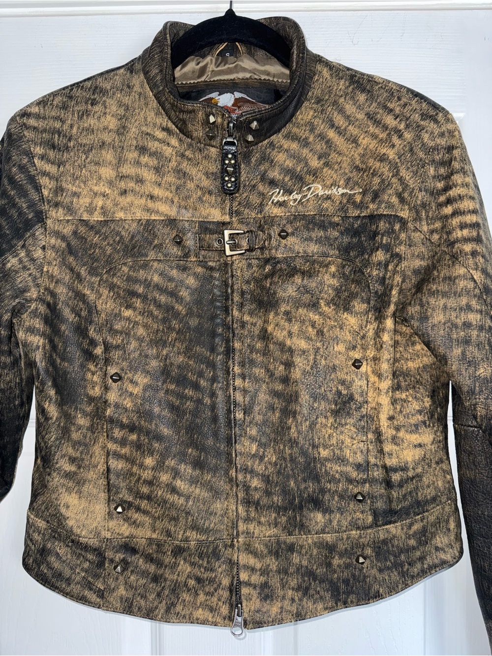 HARLEY DAVIDSON Vintage Distressed Tiger Stripe Leather Stud Riding Zip Jacket S - Picture 3 of 13